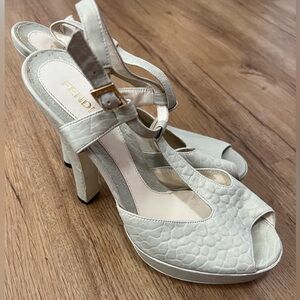 Fendi T-Strap Platform Heels EU 40 | Light Sage Embossed Leather | Made in Italy